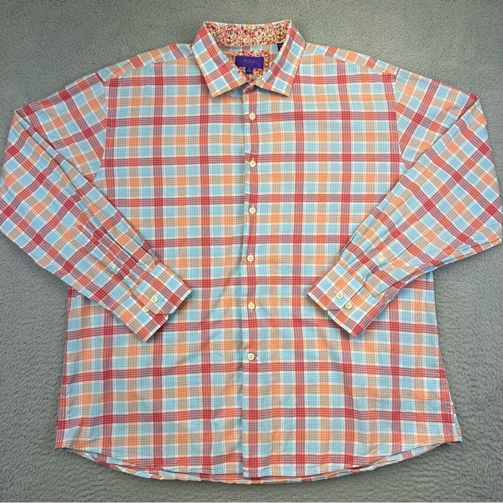 Tallia Dress Shirt Mens XL 17.5 Blue Orange Plaid Cotton Business Casual Office